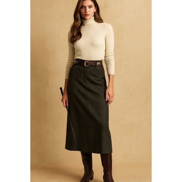 Vintage Y2K Ralph Lauren Wool Maxi Long Skirt Size 12 Army Olive Green - Picture 1 of 10